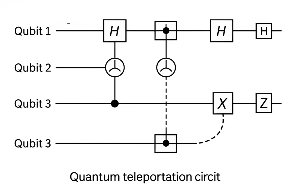 Quantum Teleportation: Simple Guide, Examples, and Use Cases 1 Diagram three-qubit teleportation circuit showing H, CNOT, Bell measurement, and conditional XZ on Bob’s qubit; alt text “Quantum Teleportation circuit
