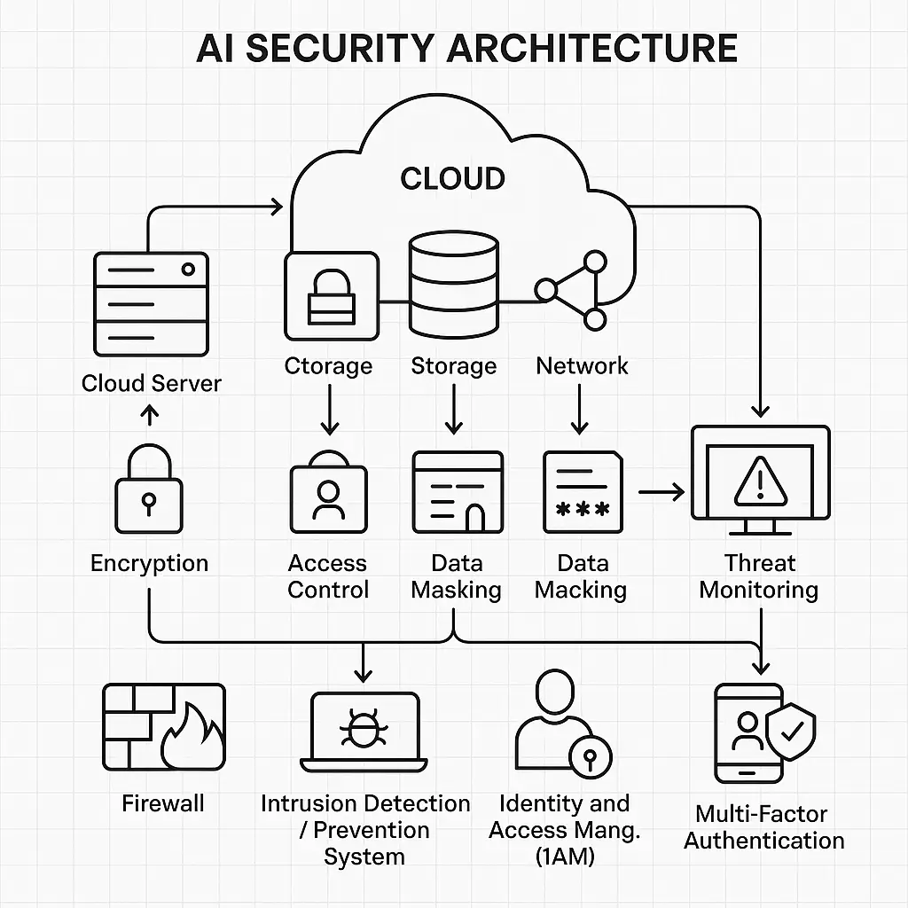 The State of AI Security: Key Takeaways from 100 Cloud Architects, Engineers, and Security Leaders 1 AI security architecture showing enterprise cloud infrastructure and protection layers