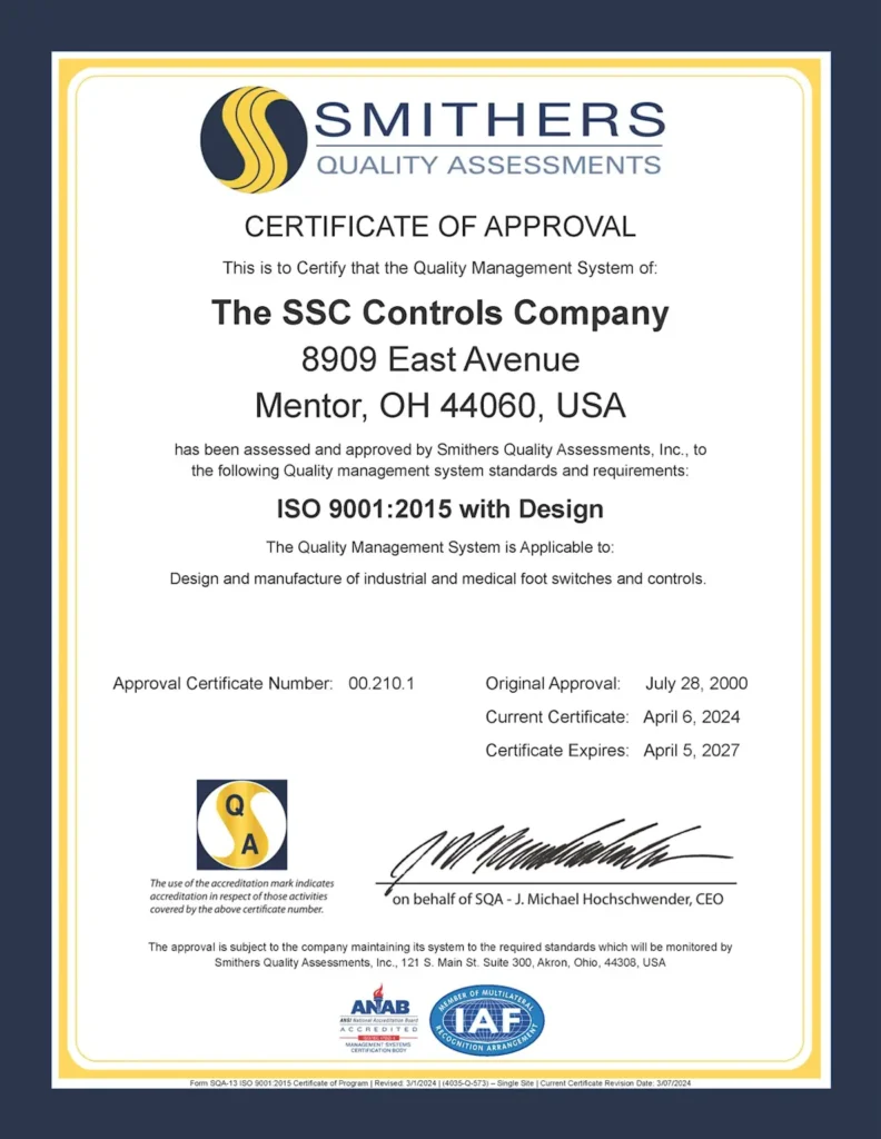 How Sevottam help public sector to improve quality? 3 ISO 9001:2015 quality management system certificate for SSC Controls Company covering industrial and medical foot switch design and manufacture